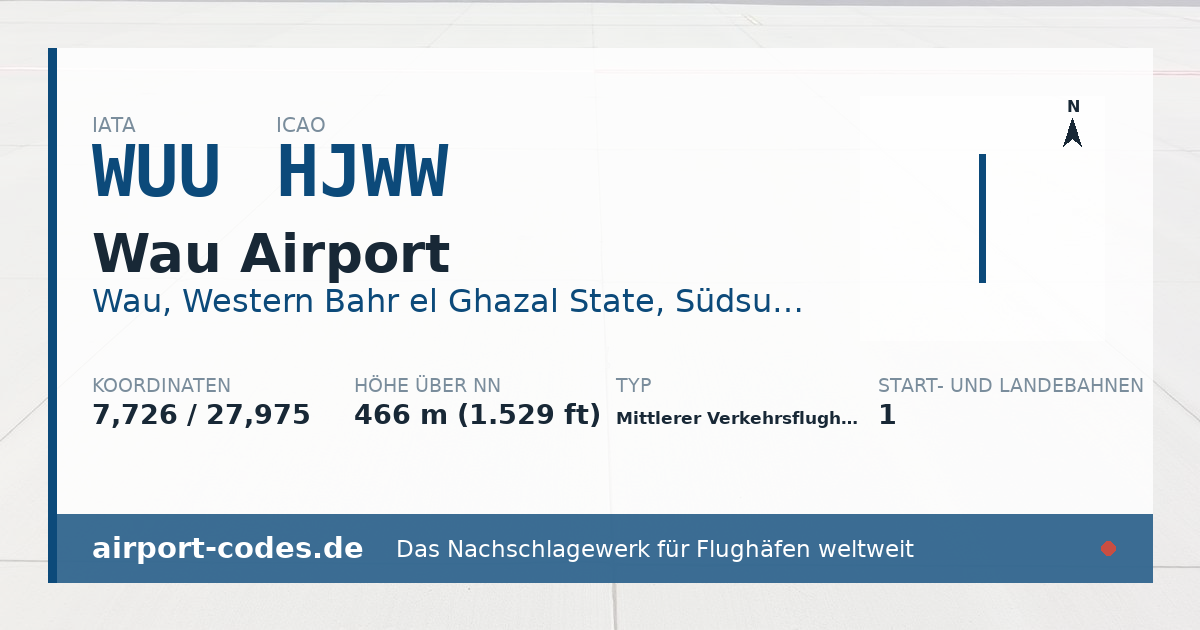 Generierte Übersichtsgrafik zum Flughafen Wau Airport mit Codes, Koordinaten und Bahnenskizze
