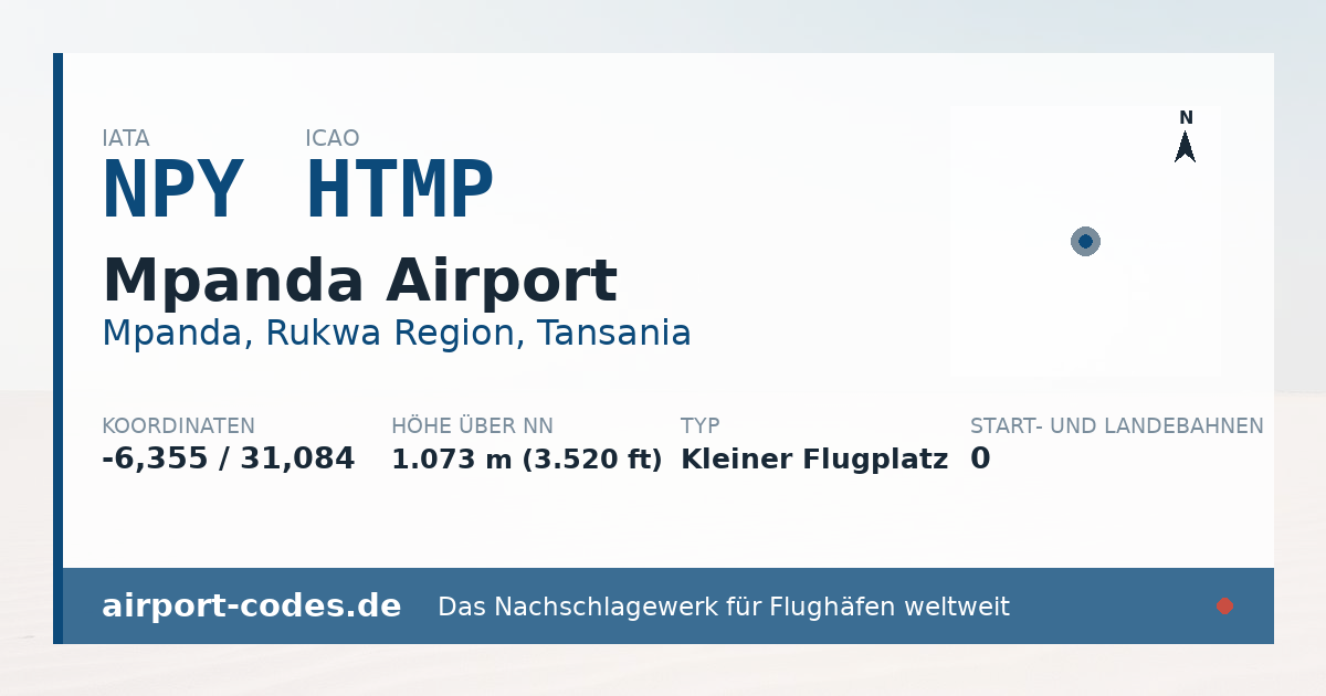 Generierte Übersichtsgrafik zum Flughafen Mpanda Airport mit Codes, Koordinaten und Bahnenskizze