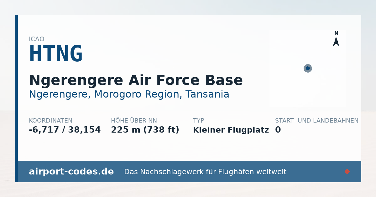 Generierte Übersichtsgrafik zum Flughafen Ngerengere Air Force Base mit Codes, Koordinaten und Bahnenskizze