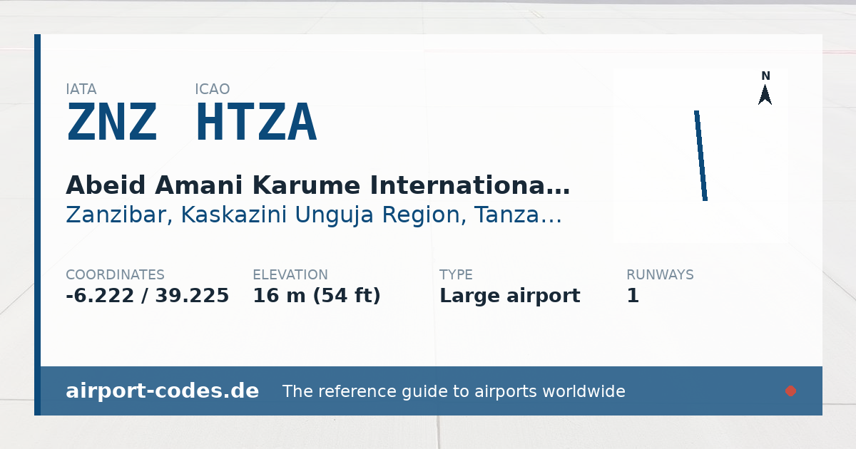 Generated summary graphic for Abeid Amani Karume International Airport showing codes, coordinates and a runway sketch