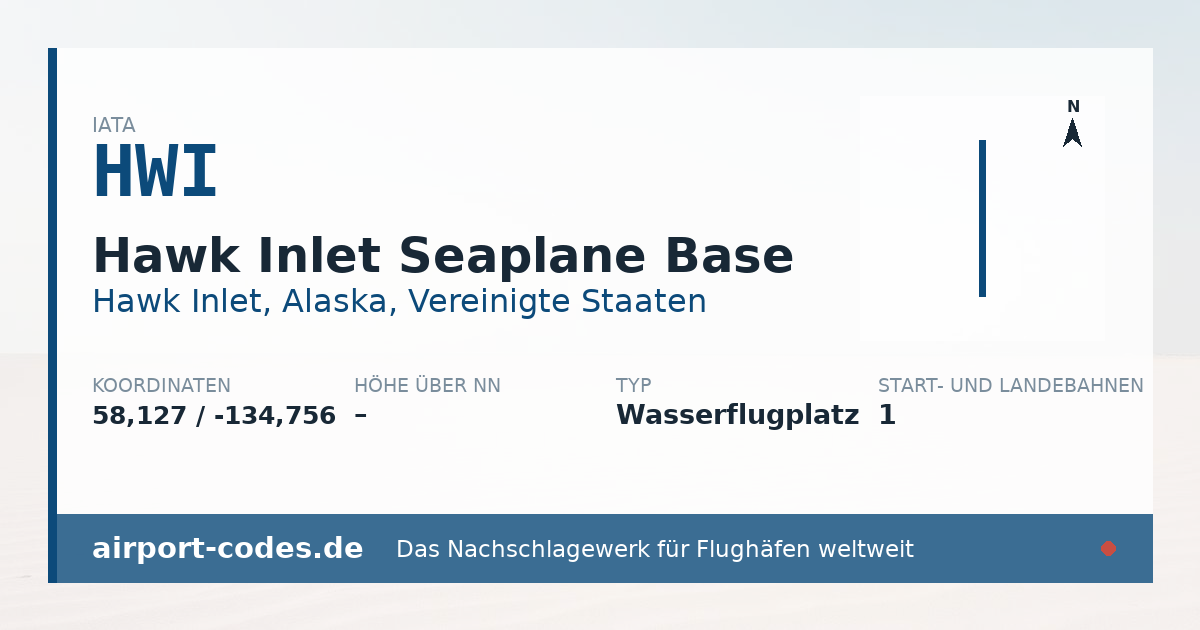 Generierte Übersichtsgrafik zum Flughafen Hawk Inlet Seaplane Base mit Codes, Koordinaten und Bahnenskizze