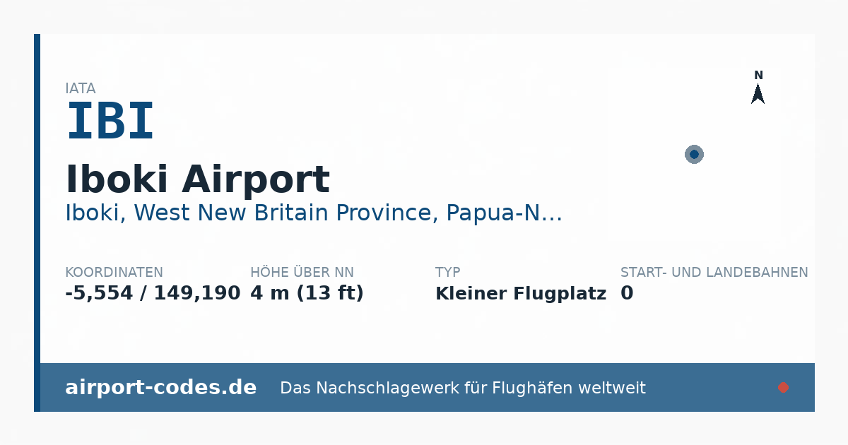 Generierte Übersichtsgrafik zum Flughafen Iboki Airport mit Codes, Koordinaten und Bahnenskizze