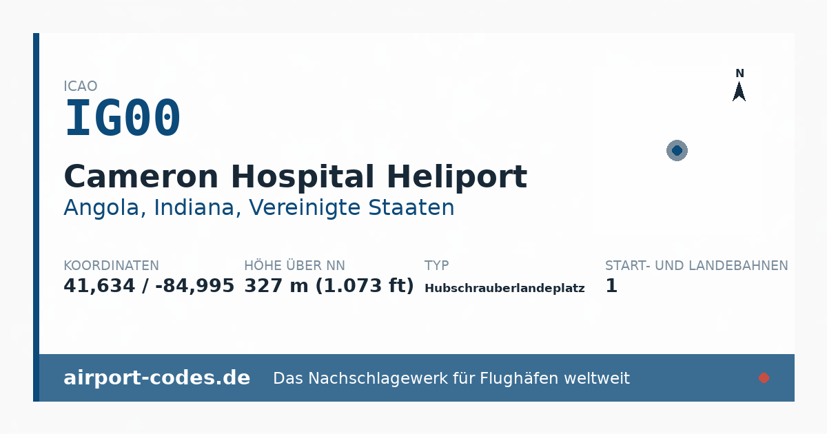 Generierte Übersichtsgrafik zum Flughafen Cameron Hospital Heliport mit Codes, Koordinaten und Bahnenskizze