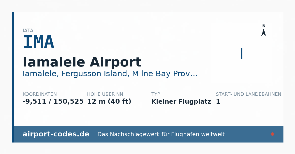 Generierte Übersichtsgrafik zum Flughafen Iamalele Airport mit Codes, Koordinaten und Bahnenskizze