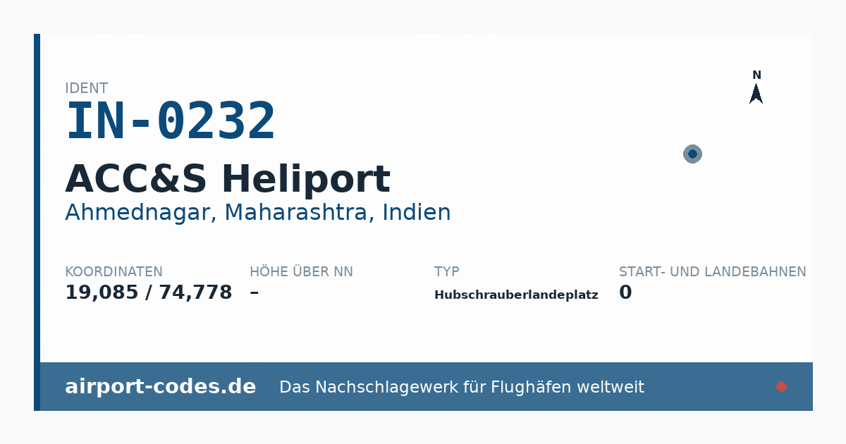 Generierte Übersichtsgrafik zum Flughafen ACC&S Heliport mit Codes, Koordinaten und Bahnenskizze