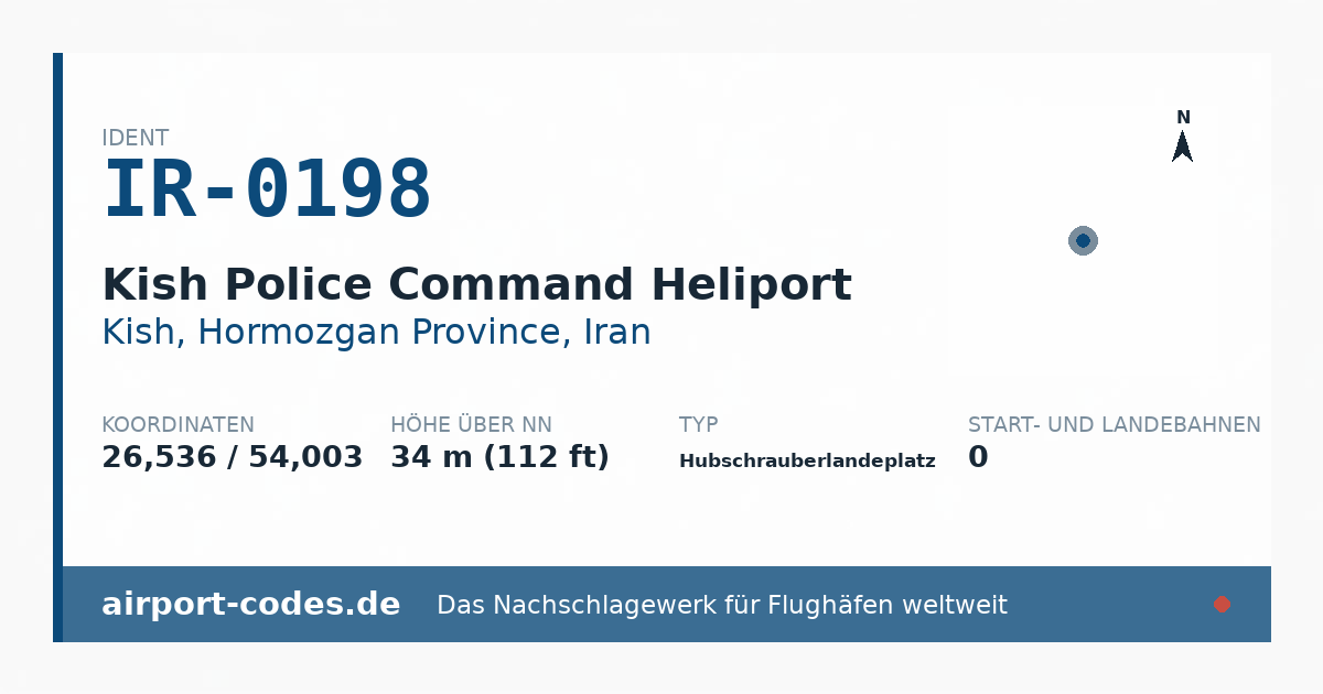 Generierte Übersichtsgrafik zum Flughafen Kish Police Command Heliport mit Codes, Koordinaten und Bahnenskizze