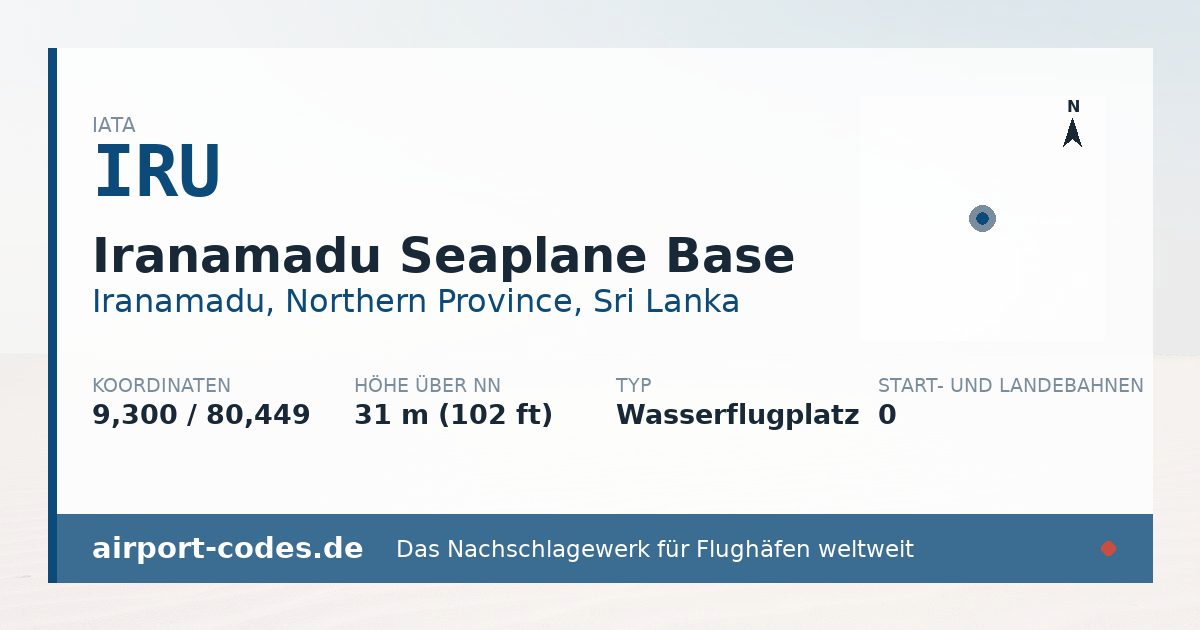 Generierte Übersichtsgrafik zum Flughafen Iranamadu Seaplane Base mit Codes, Koordinaten und Bahnenskizze