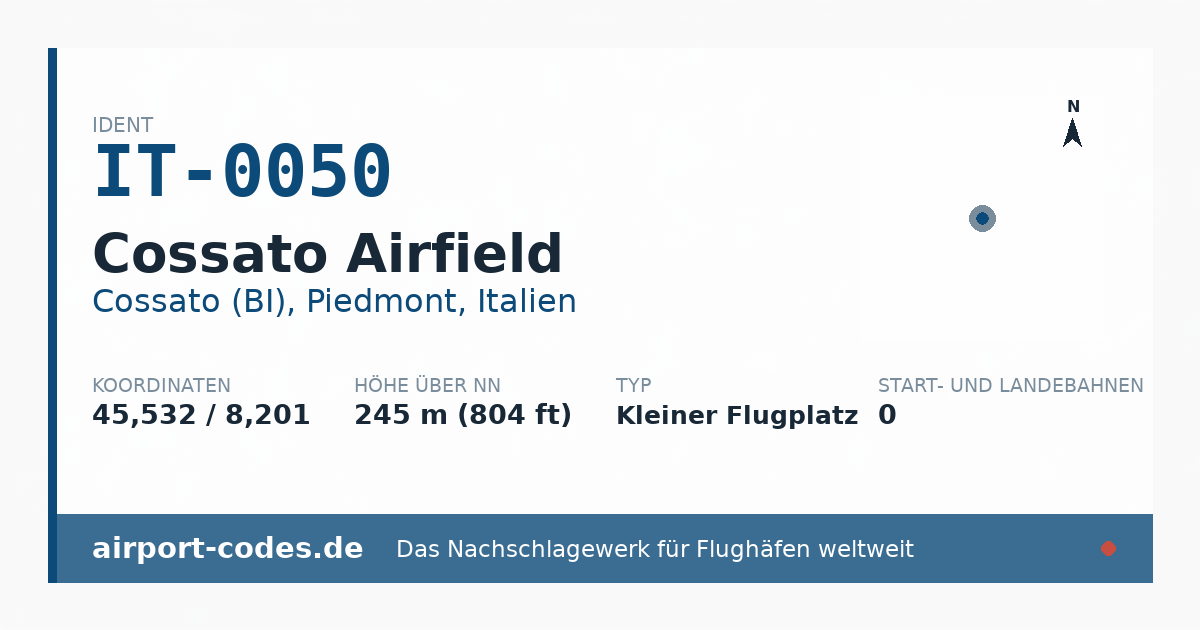 Generierte Übersichtsgrafik zum Flughafen Cossato Airfield mit Codes, Koordinaten und Bahnenskizze