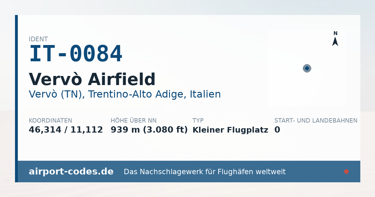 Generierte Übersichtsgrafik zum Flughafen Vervò Airfield mit Codes, Koordinaten und Bahnenskizze