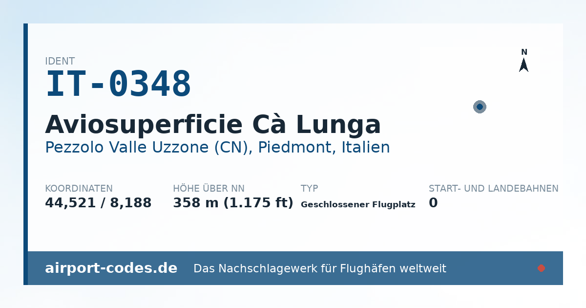 Generierte Übersichtsgrafik zum Flughafen Aviosuperficie Cà Lunga mit Codes, Koordinaten und Bahnenskizze