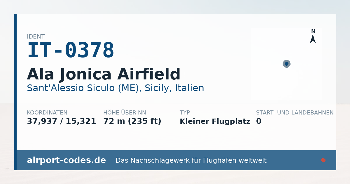 Generierte Übersichtsgrafik zum Flughafen Ala Jonica Airfield mit Codes, Koordinaten und Bahnenskizze