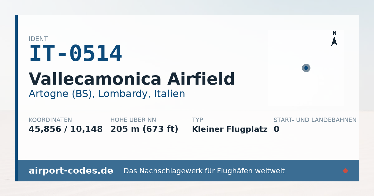 Generierte Übersichtsgrafik zum Flughafen Vallecamonica Airfield mit Codes, Koordinaten und Bahnenskizze