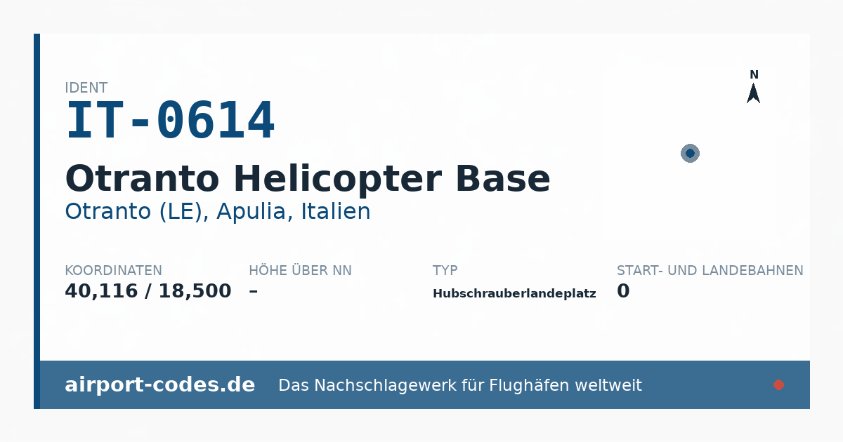 Generierte Übersichtsgrafik zum Flughafen Otranto Helicopter Base mit Codes, Koordinaten und Bahnenskizze