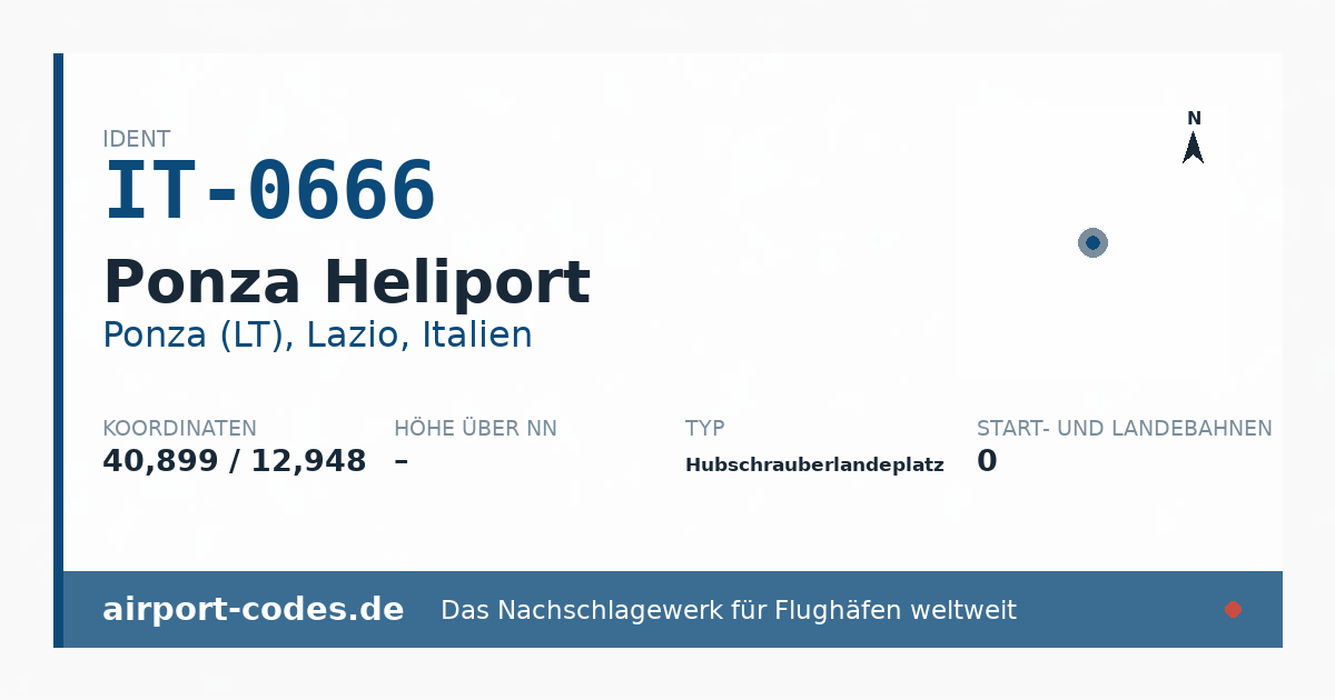 Generierte Übersichtsgrafik zum Flughafen Ponza Heliport mit Codes, Koordinaten und Bahnenskizze
