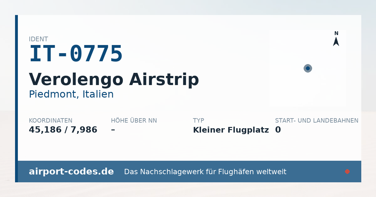 Generierte Übersichtsgrafik zum Flughafen Verolengo Airstrip mit Codes, Koordinaten und Bahnenskizze