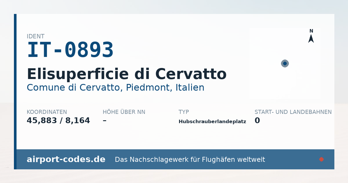 Generierte Übersichtsgrafik zum Flughafen Elisuperficie di Cervatto mit Codes, Koordinaten und Bahnenskizze