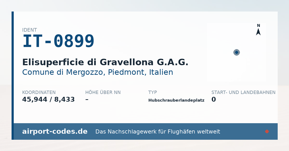 Generierte Übersichtsgrafik zum Flughafen Elisuperficie di Gravellona G.A.G. mit Codes, Koordinaten und Bahnenskizze