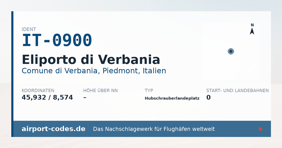 Generierte Übersichtsgrafik zum Flughafen Eliporto di Verbania mit Codes, Koordinaten und Bahnenskizze