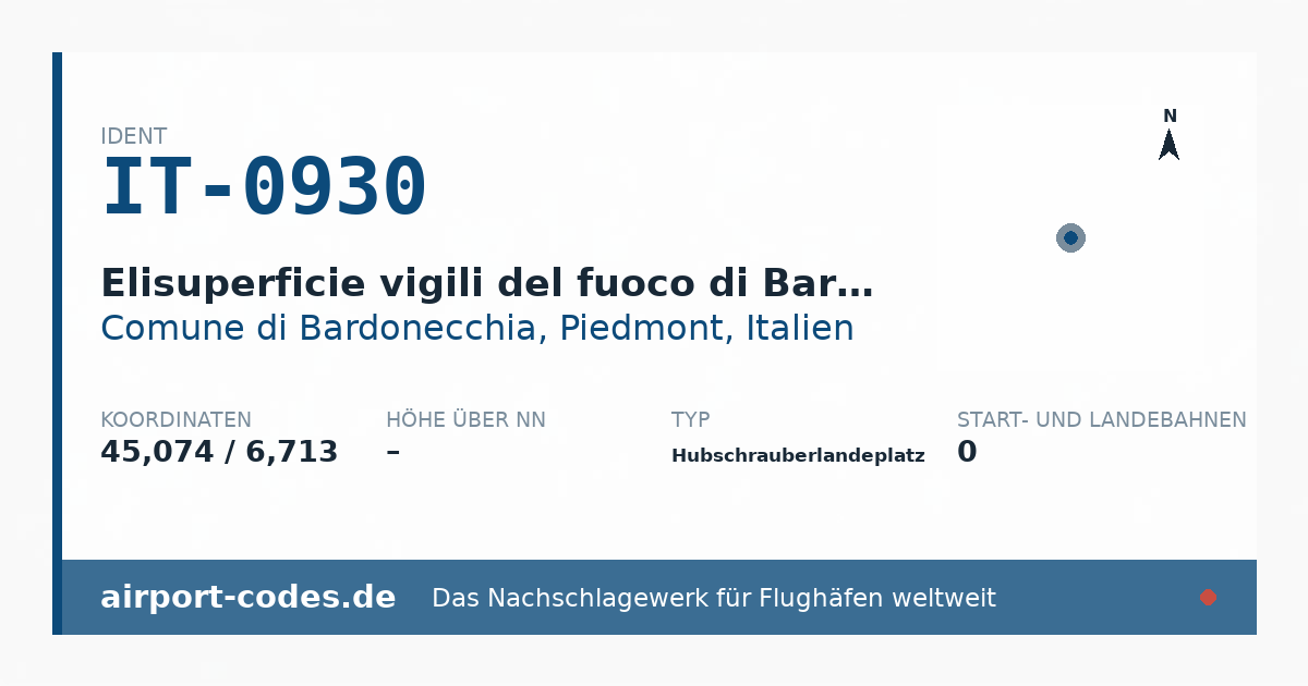 Generierte Übersichtsgrafik zum Flughafen Elisuperficie vigili del fuoco di Bardonecchia mit Codes, Koordinaten und Bahnenskizze
