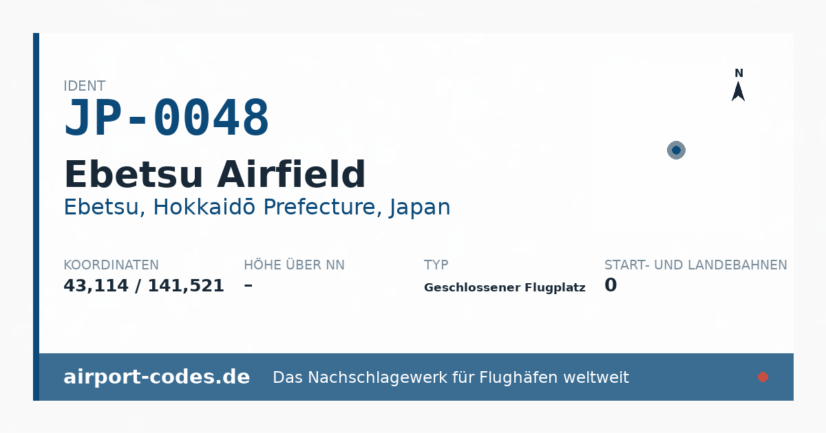 Generierte Übersichtsgrafik zum Flughafen Ebetsu Airfield mit Codes, Koordinaten und Bahnenskizze