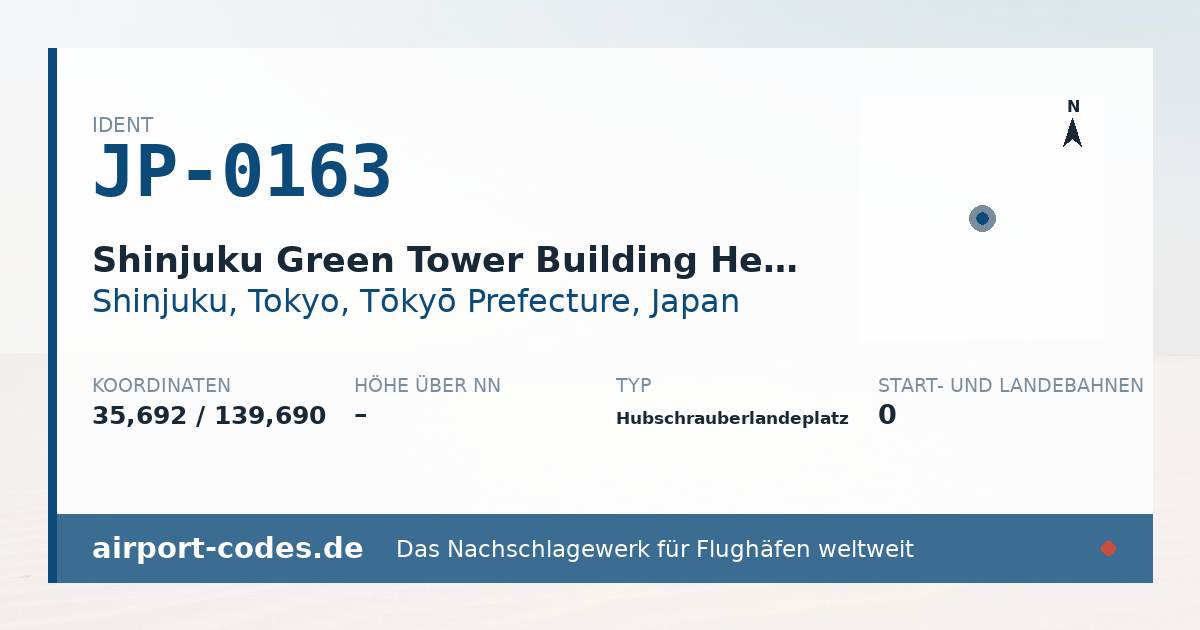 Generierte Übersichtsgrafik zum Flughafen Shinjuku Green Tower Building Helipad mit Codes, Koordinaten und Bahnenskizze