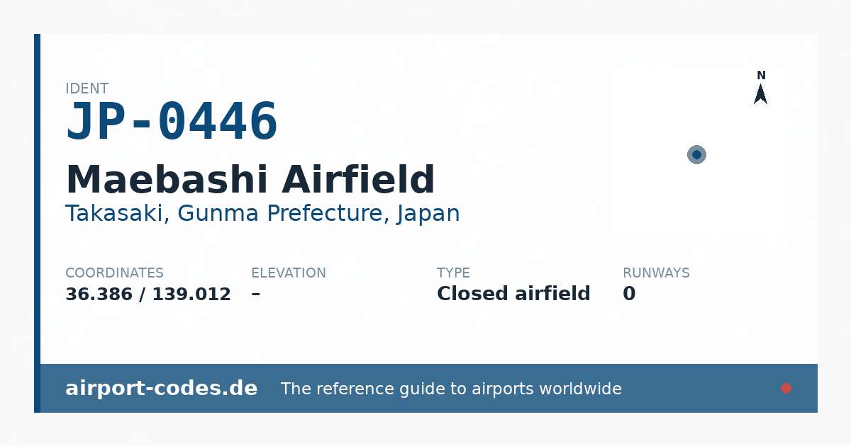 Generated summary graphic for Maebashi Airfield showing codes, coordinates and a runway sketch
