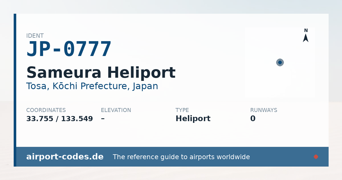 Generated summary graphic for Sameura Heliport showing codes, coordinates and a runway sketch