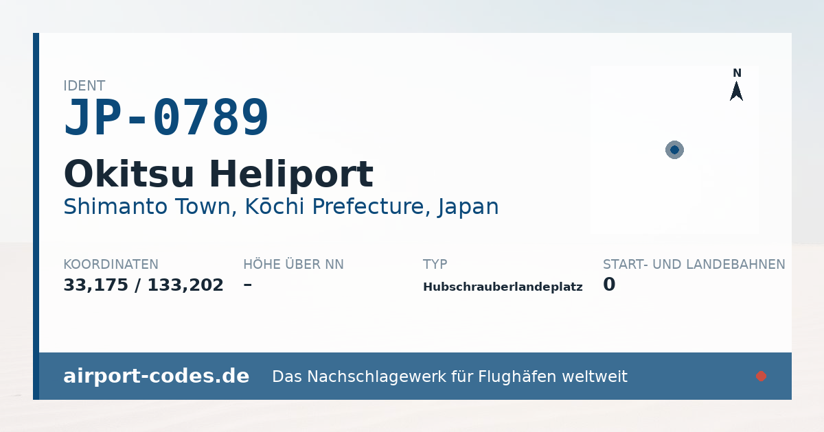 Generierte Übersichtsgrafik zum Flughafen Okitsu Heliport mit Codes, Koordinaten und Bahnenskizze