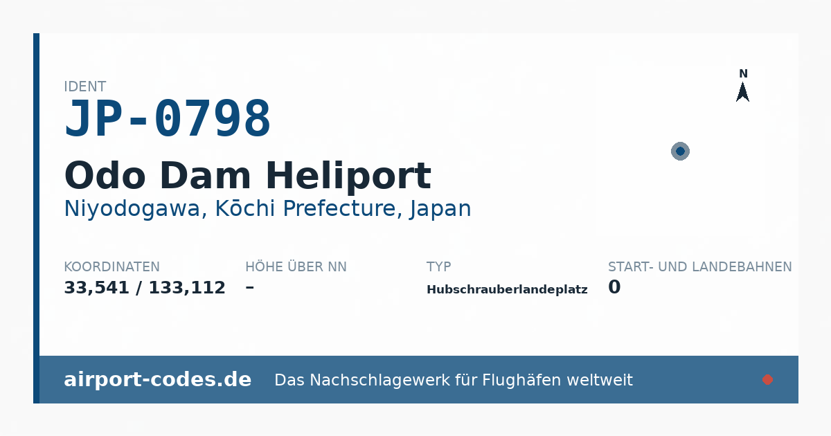 Generierte Übersichtsgrafik zum Flughafen Odo Dam Heliport mit Codes, Koordinaten und Bahnenskizze