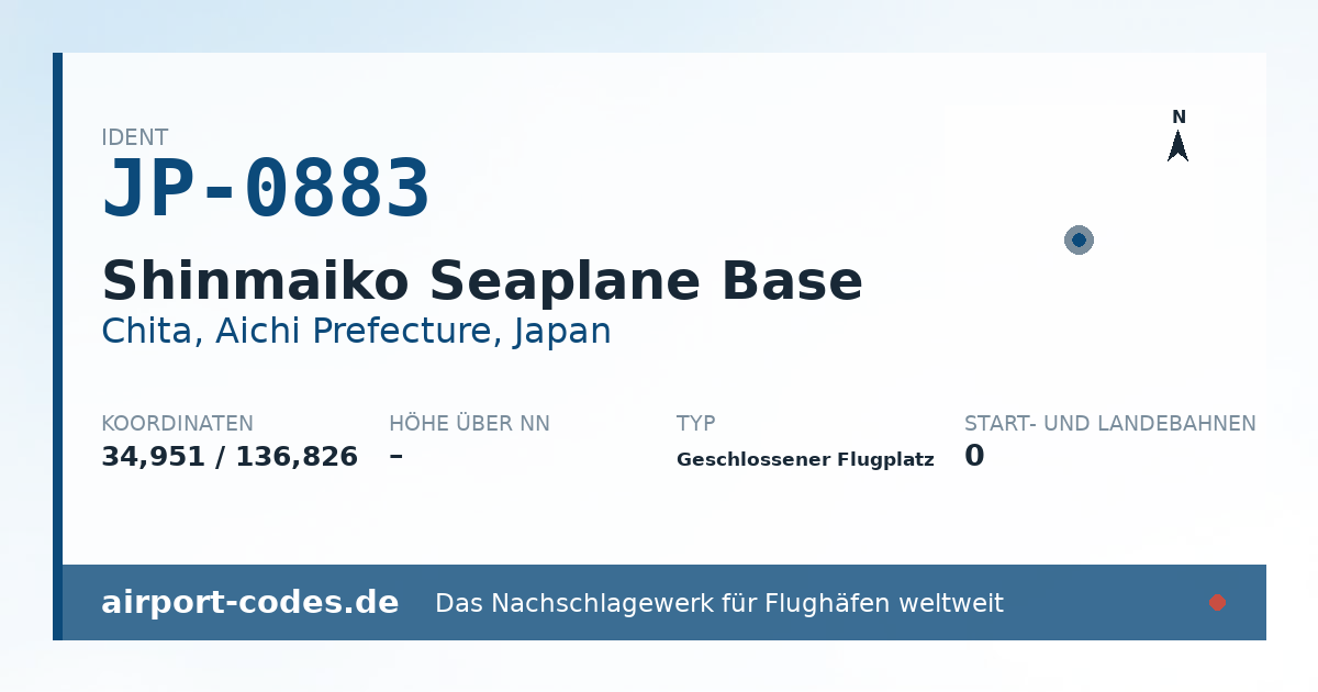 Generierte Übersichtsgrafik zum Flughafen Shinmaiko Seaplane Base mit Codes, Koordinaten und Bahnenskizze