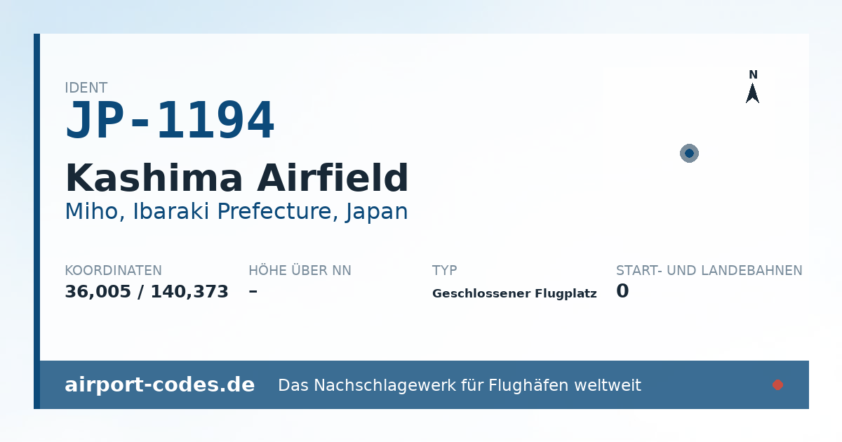 Generierte Übersichtsgrafik zum Flughafen Kashima Airfield mit Codes, Koordinaten und Bahnenskizze