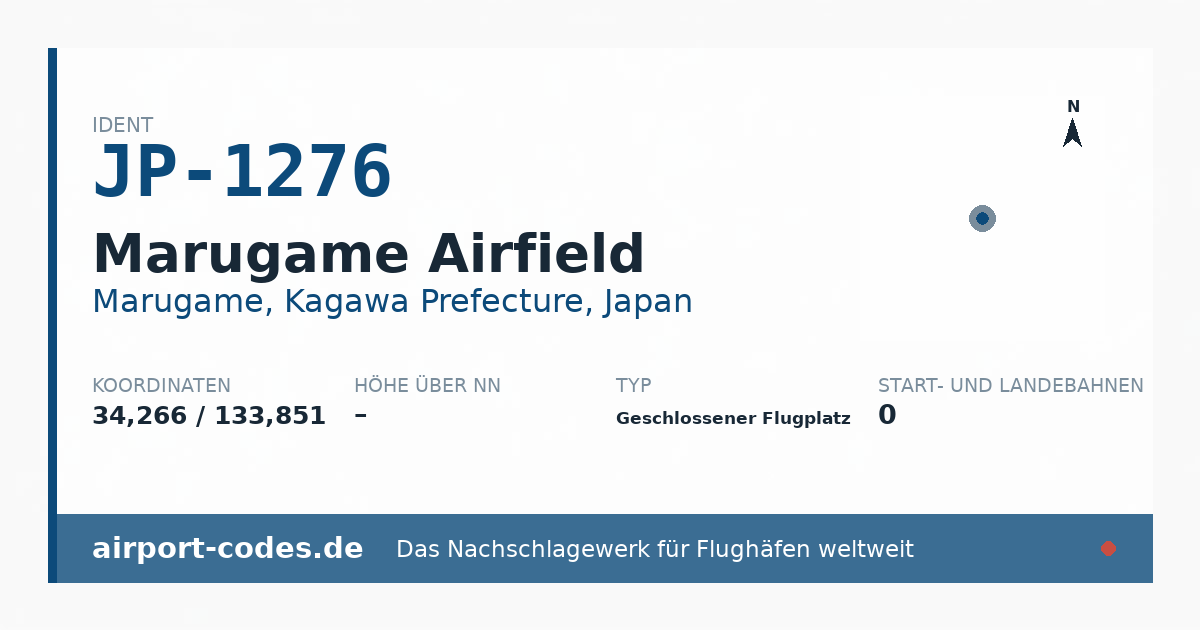Generierte Übersichtsgrafik zum Flughafen Marugame Airfield mit Codes, Koordinaten und Bahnenskizze