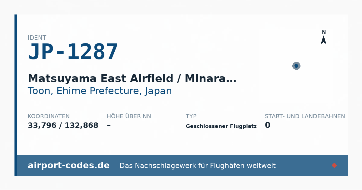 Generierte Übersichtsgrafik zum Flughafen Matsuyama East Airfield / Minara Gliderfield mit Codes, Koordinaten und Bahnenskizze