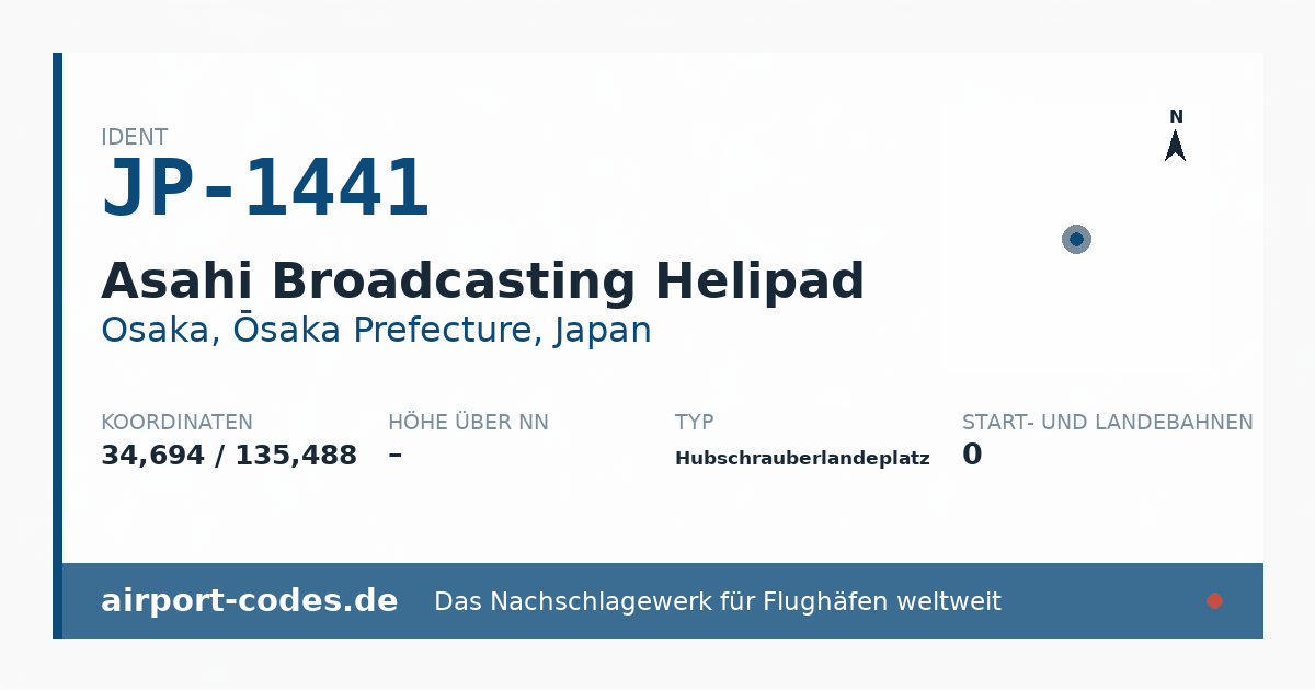 Generierte Übersichtsgrafik zum Flughafen Asahi Broadcasting Helipad mit Codes, Koordinaten und Bahnenskizze