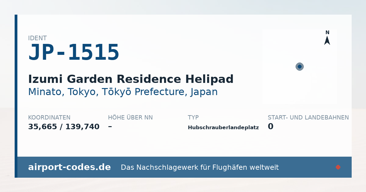Generierte Übersichtsgrafik zum Flughafen Izumi Garden Residence Helipad mit Codes, Koordinaten und Bahnenskizze