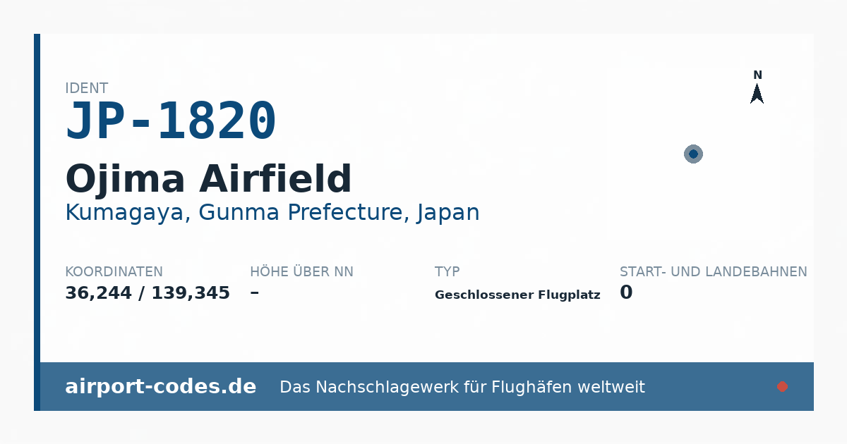 Generierte Übersichtsgrafik zum Flughafen Ojima Airfield mit Codes, Koordinaten und Bahnenskizze
