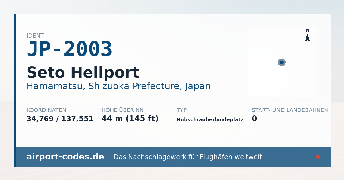 Generierte Übersichtsgrafik zum Flughafen Seto Heliport mit Codes, Koordinaten und Bahnenskizze