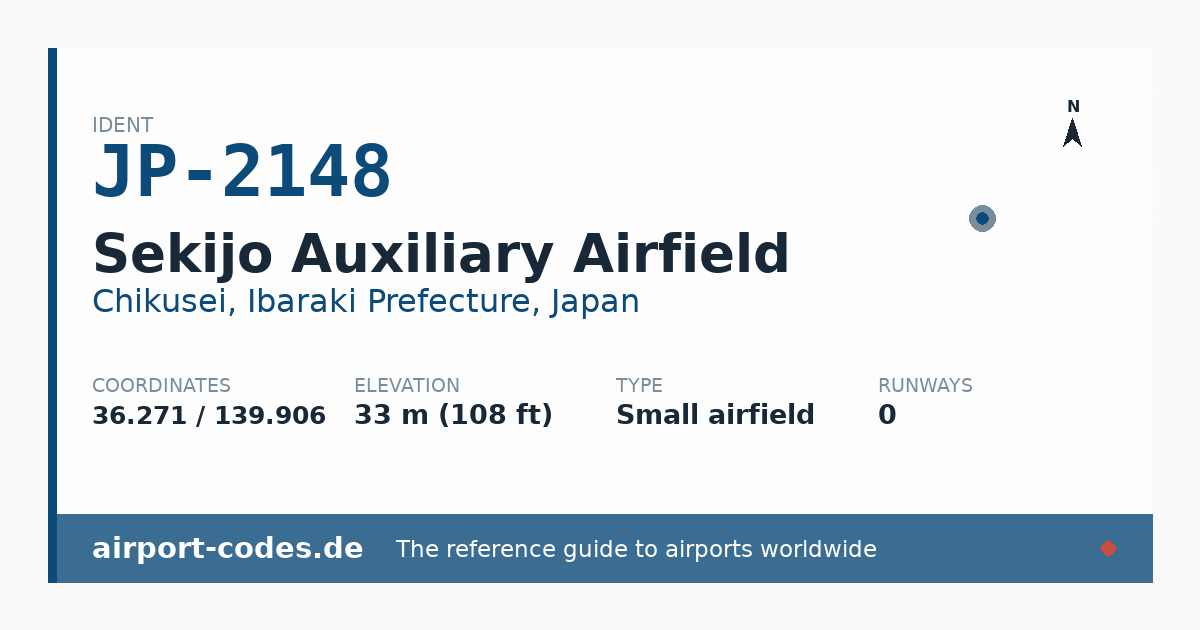 Generated summary graphic for Sekijo Auxiliary Airfield showing codes, coordinates and a runway sketch