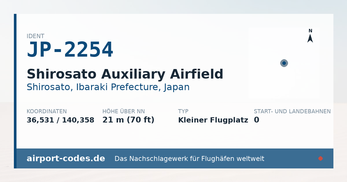 Generierte Übersichtsgrafik zum Flughafen Shirosato Auxiliary Airfield mit Codes, Koordinaten und Bahnenskizze