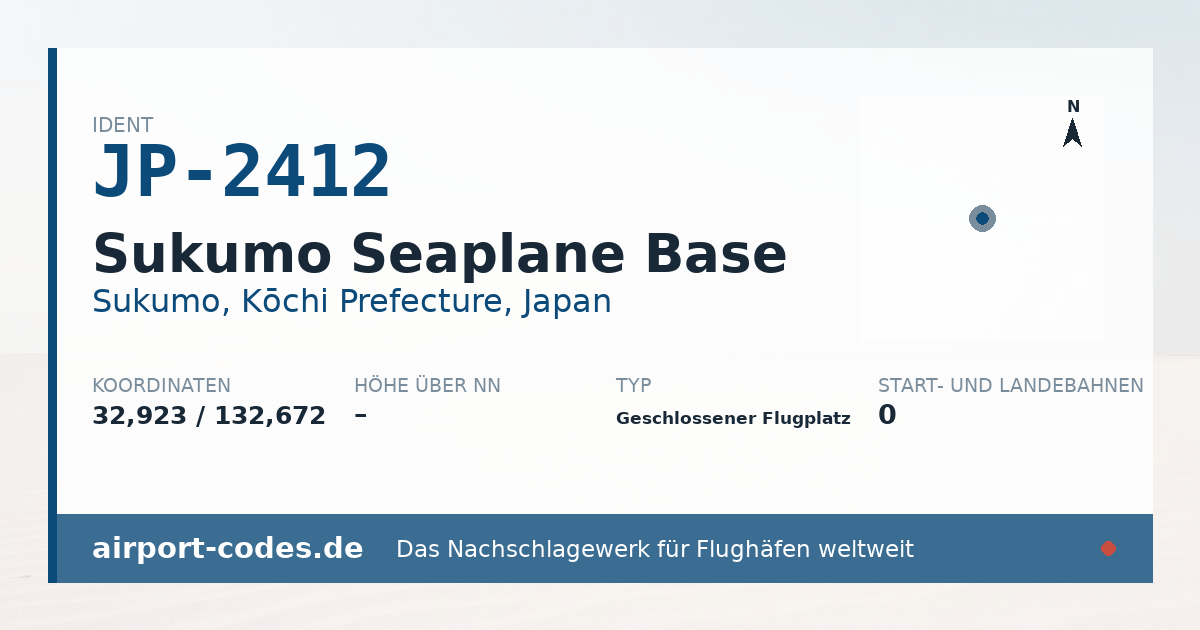 Generierte Übersichtsgrafik zum Flughafen Sukumo Seaplane Base mit Codes, Koordinaten und Bahnenskizze