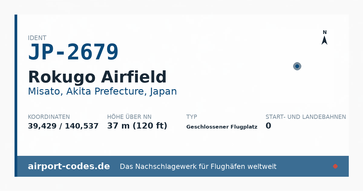 Generierte Übersichtsgrafik zum Flughafen Rokugo Airfield mit Codes, Koordinaten und Bahnenskizze
