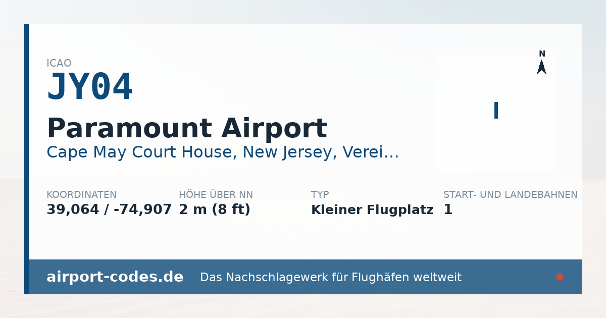 Generierte Übersichtsgrafik zum Flughafen Paramount Airport mit Codes, Koordinaten und Bahnenskizze