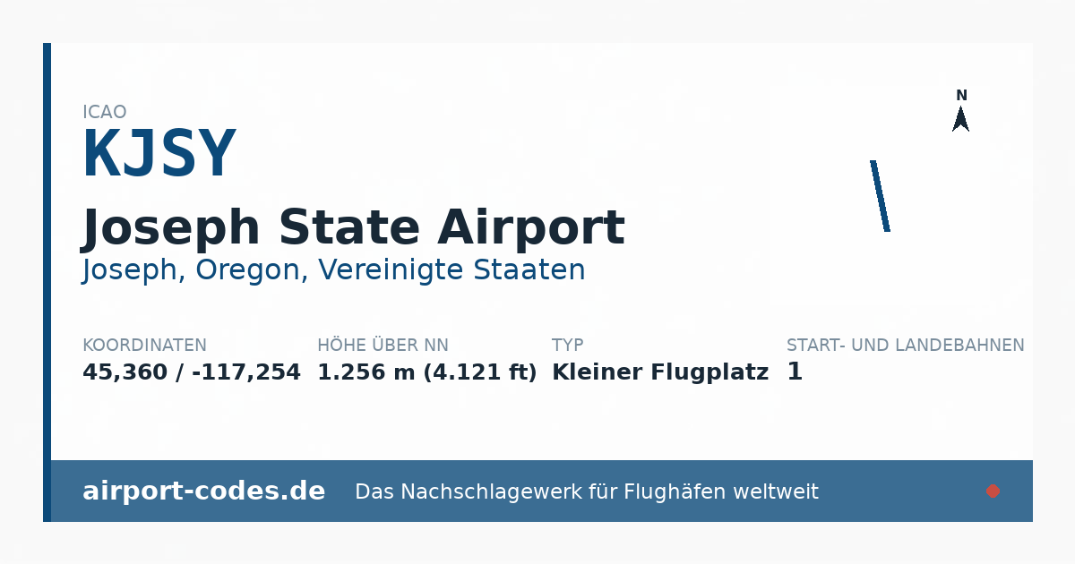 Generierte Übersichtsgrafik zum Flughafen Joseph State Airport mit Codes, Koordinaten und Bahnenskizze