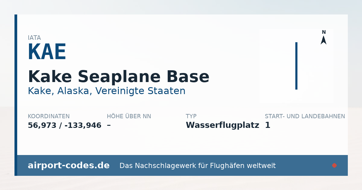 Generierte Übersichtsgrafik zum Flughafen Kake Seaplane Base mit Codes, Koordinaten und Bahnenskizze