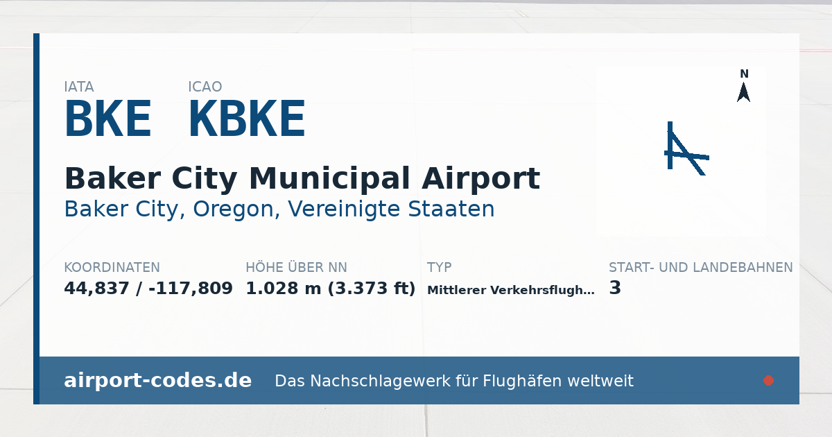 Generierte Übersichtsgrafik zum Flughafen Baker City Municipal Airport mit Codes, Koordinaten und Bahnenskizze