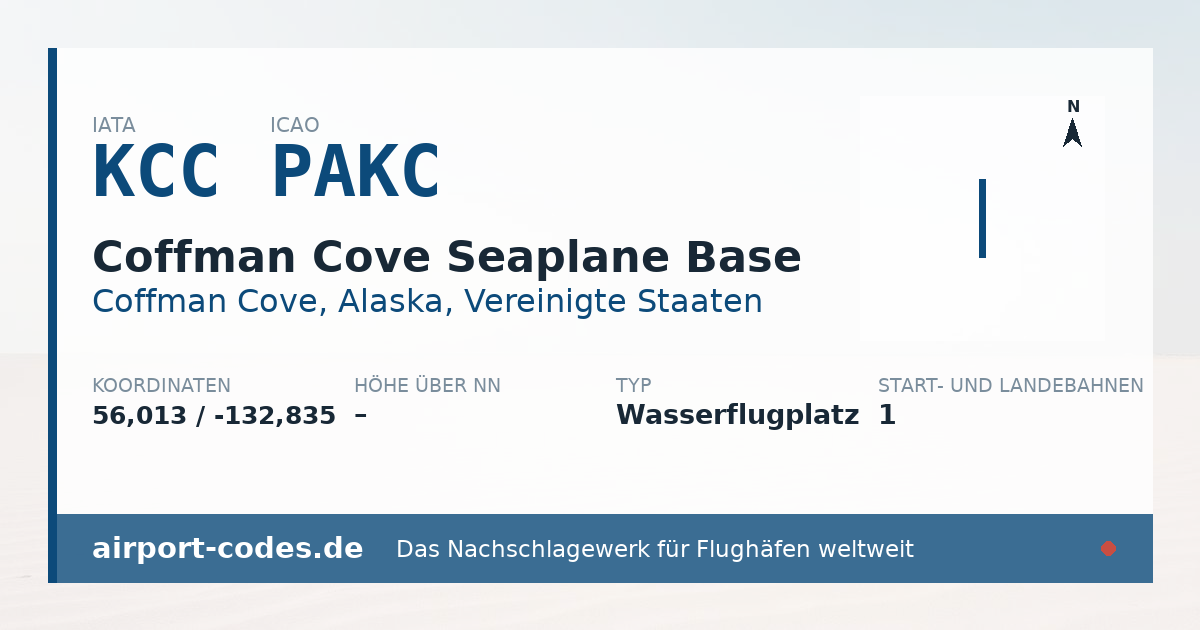 Generierte Übersichtsgrafik zum Flughafen Coffman Cove Seaplane Base mit Codes, Koordinaten und Bahnenskizze