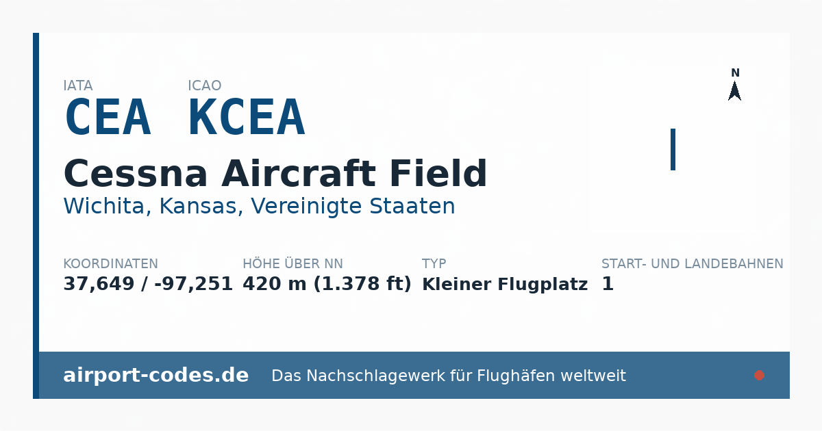 Generierte Übersichtsgrafik zum Flughafen Cessna Aircraft Field mit Codes, Koordinaten und Bahnenskizze