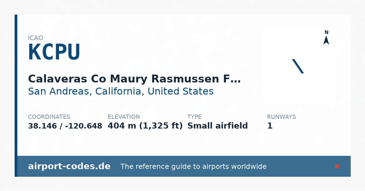 Generated summary graphic for Calaveras Co Maury Rasmussen Field showing codes, coordinates and a runway sketch