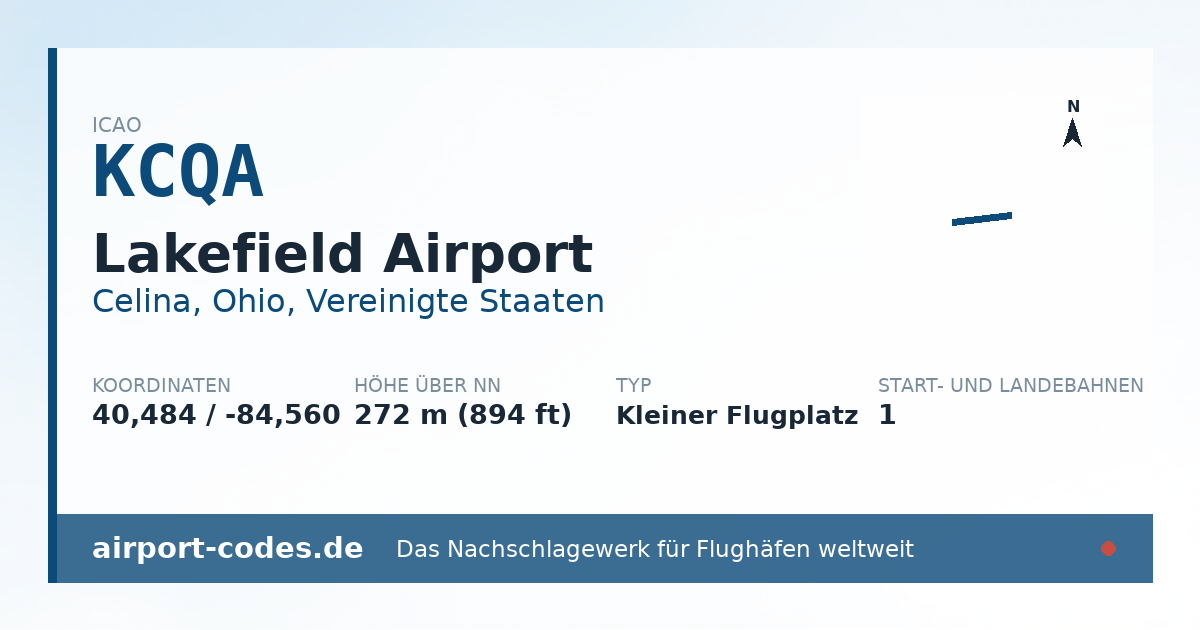 Generierte Übersichtsgrafik zum Flughafen Lakefield Airport mit Codes, Koordinaten und Bahnenskizze
