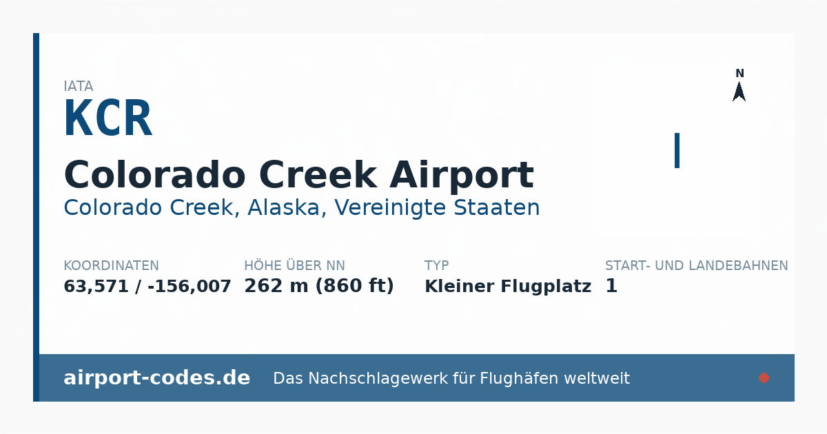 Generierte Übersichtsgrafik zum Flughafen Colorado Creek Airport mit Codes, Koordinaten und Bahnenskizze